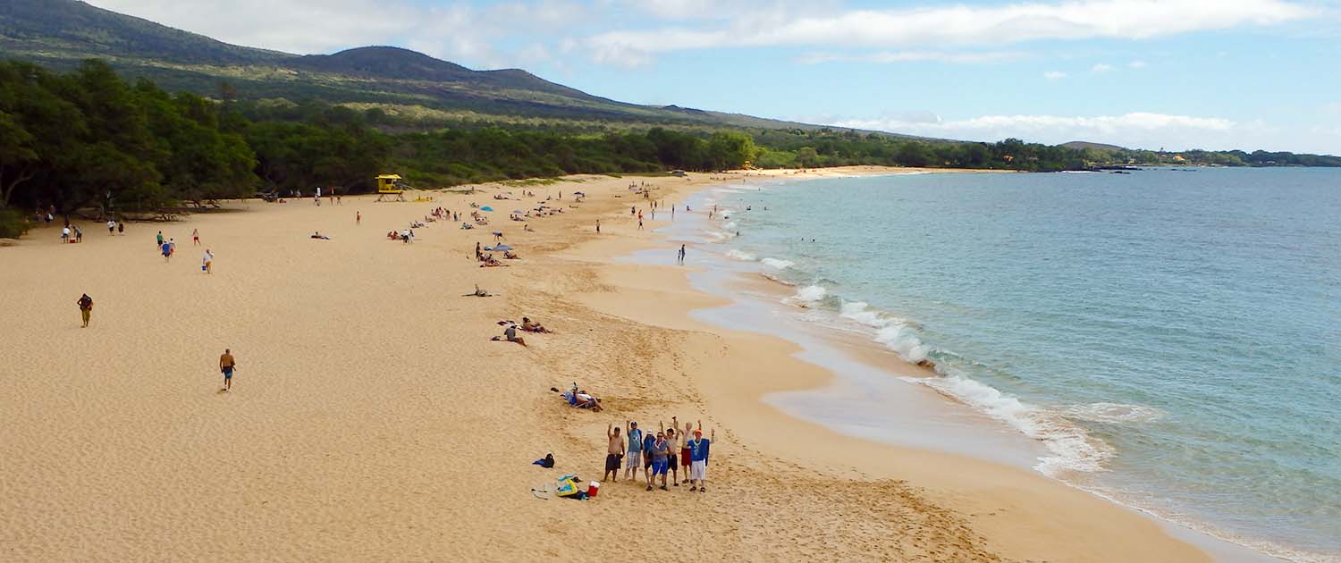 Hawaii beach scene with a group waving in the distance